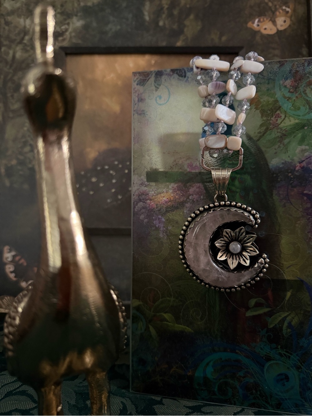 925 Handcrafted Artisan Crescent Moon & Flower Pendant and Beaded Necklace